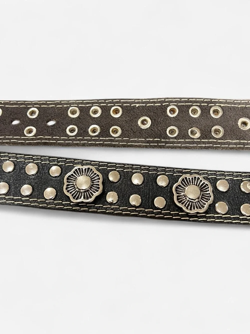 vintage western leather belt with silver studs and flowers